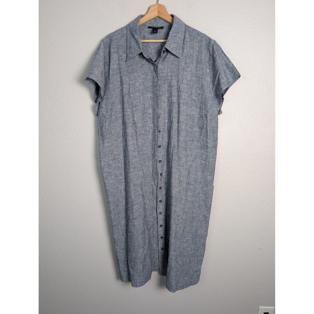 Ashley Stewart Shirt Dress Womens 20 Blue Chambray Knee Length Linen Cotton